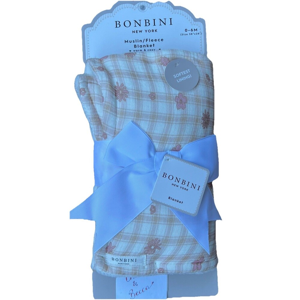 Bonbini Muslin Fleece Baby Blanket Pink Floral & Plaid Checkered Soft Lining New